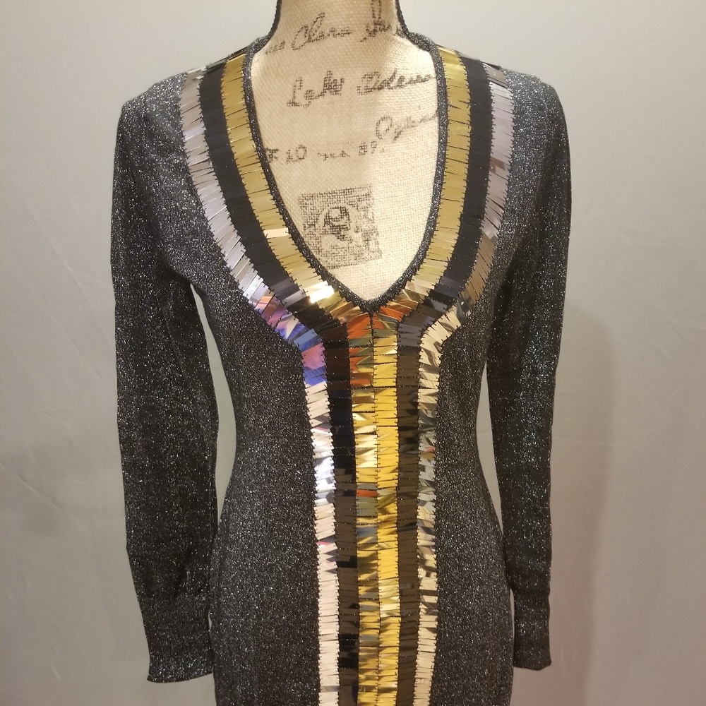 Silver and gold embellished black sweater dress